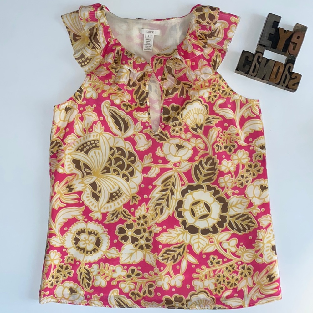 J. CREW Ruffle Neck Sleeveless Floral Print Top